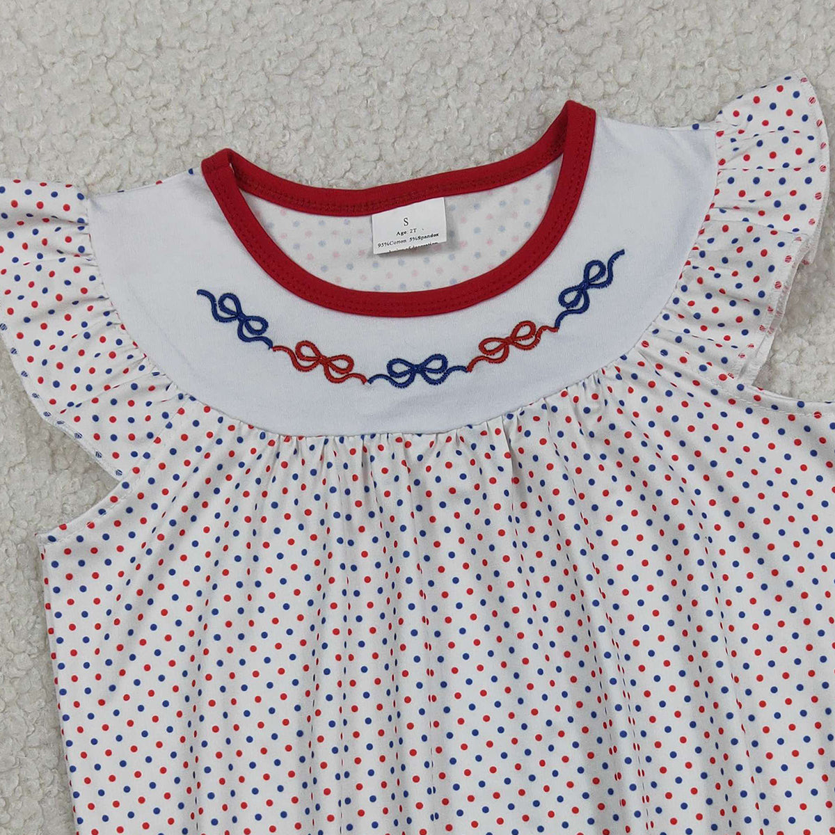 RTS NO MOQ SR3706 Girls Embroidery Bows Rompers with Flutter Sleeves Blue Red Polka Dot Print RuffleBaby Girl's Outfit