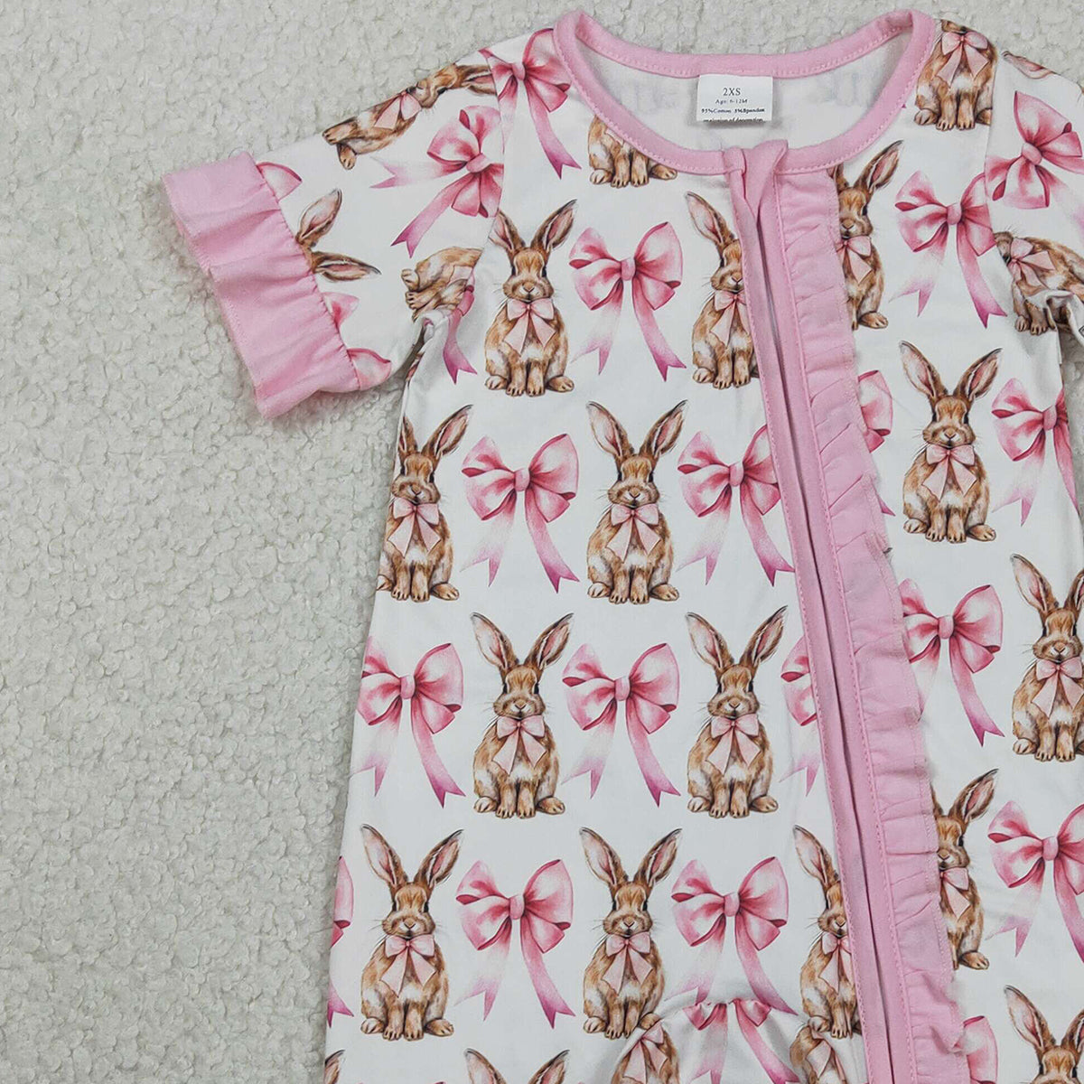 RTS NO MOQ SR2020 Baby Girls Easter Rompers Short Sleeve Bows Rabbits Design Ruffle Zipper Closure Outfit for Infants