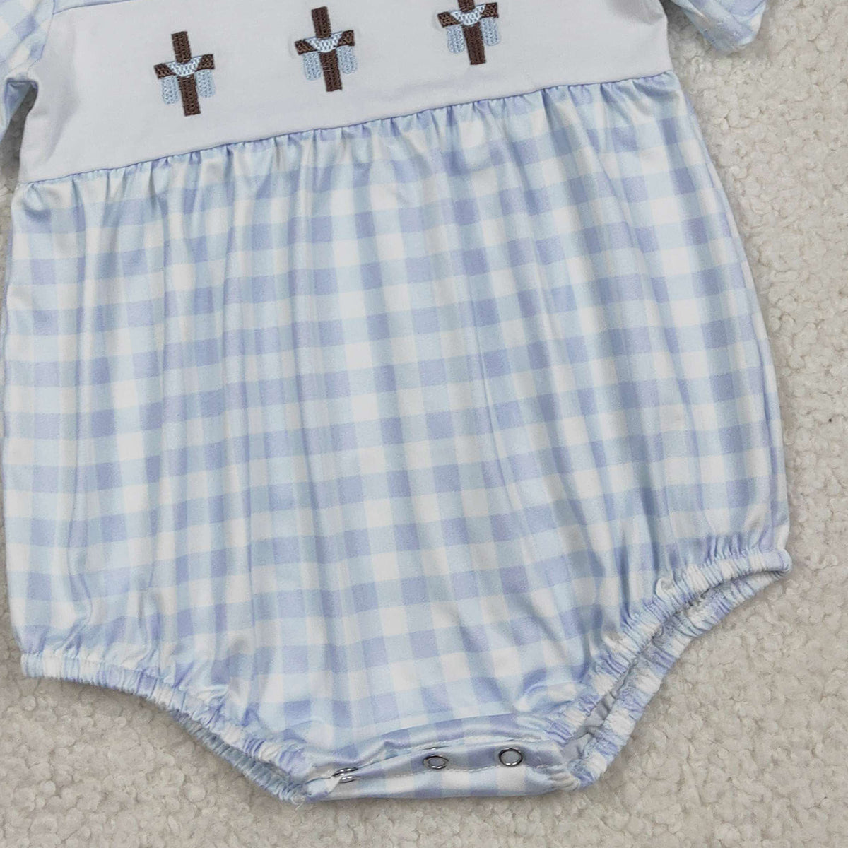 RTS NO MOQ SR3757  Baby Boys Blue Checked Rompers with Easter Collar Embroidery Crosses for Infants