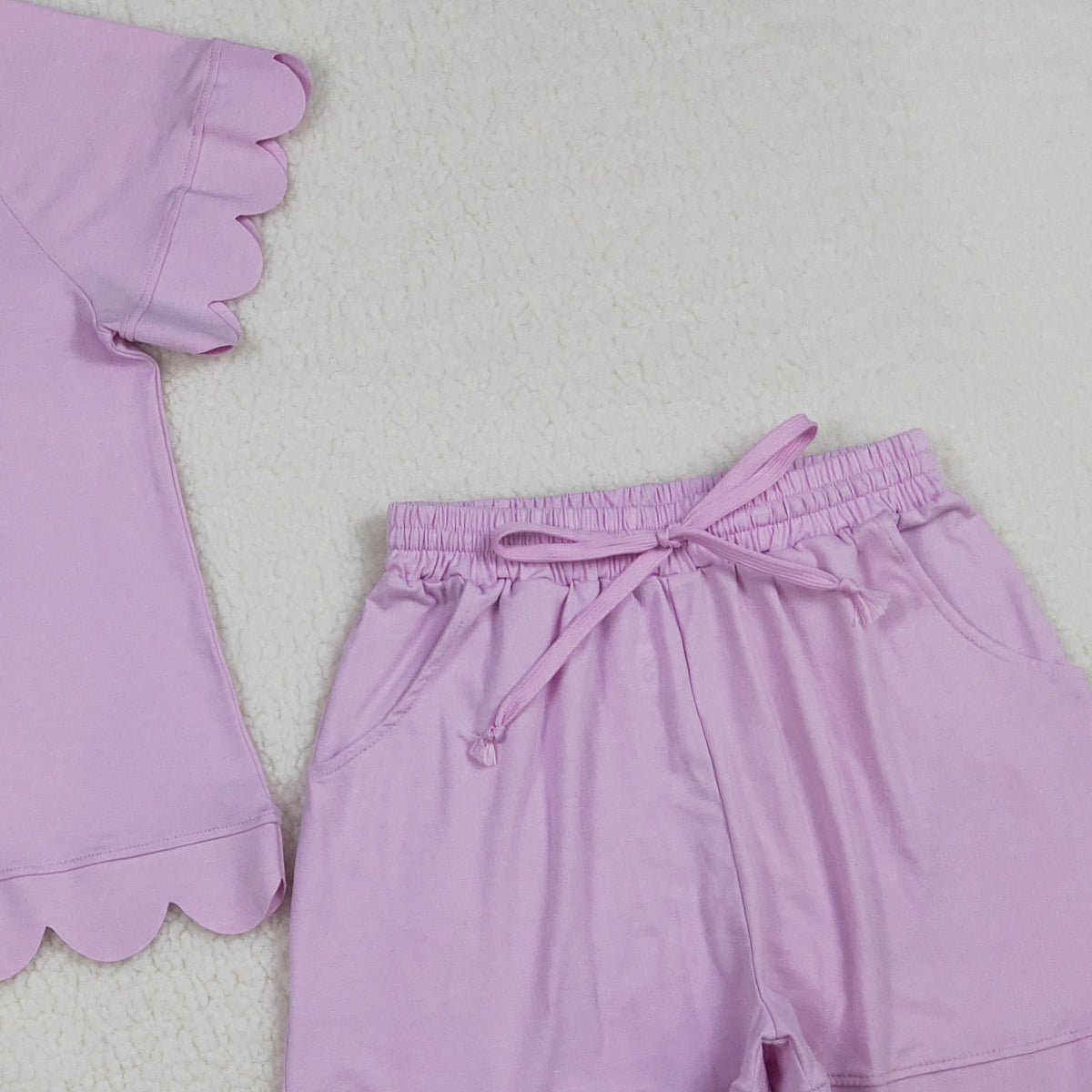 RTS NO MOQ GSSO3201 Adult Women's Pink Short Sleeve Shirt with Pockets And Scallop Detail Short Set Casual Clothing Outfit