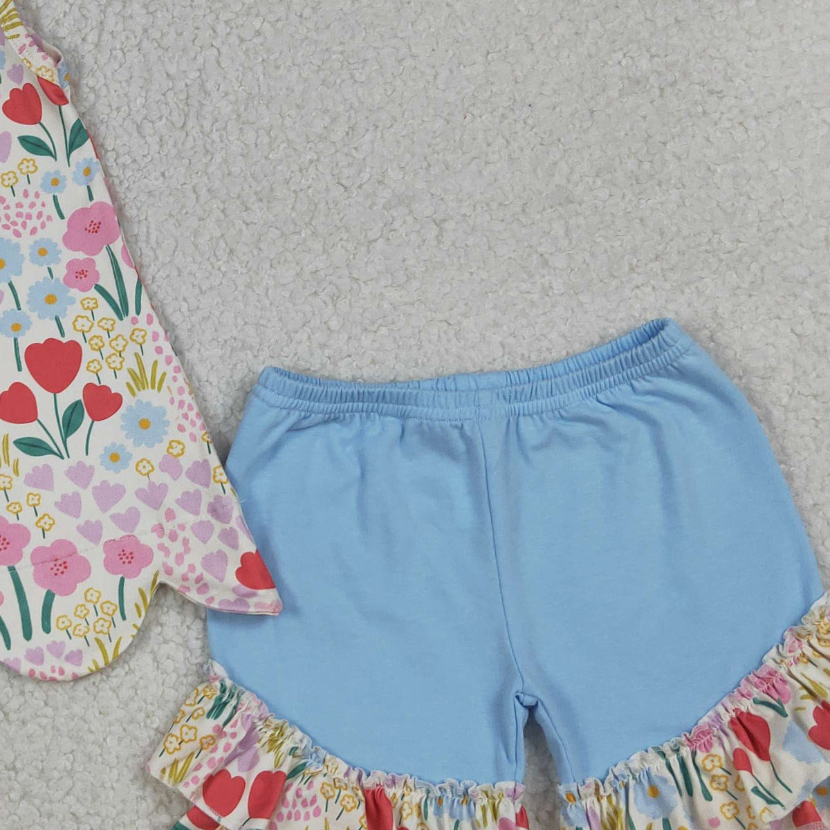 RTS NO MOQ GSSO3390 Baby Girls Sleeveless Colorful Flowers Scallop Tunic Ruffle Shorts Outfit Set Cute Summer Clothing for Infants