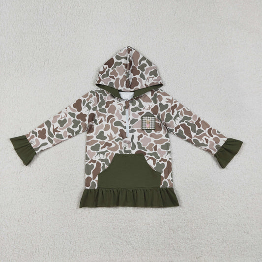 RTS NO MOQ（In Stock) Embroidered Reindeer Camouflage Green Pocket Lace Zipper Hooded Long-Sleeved Top