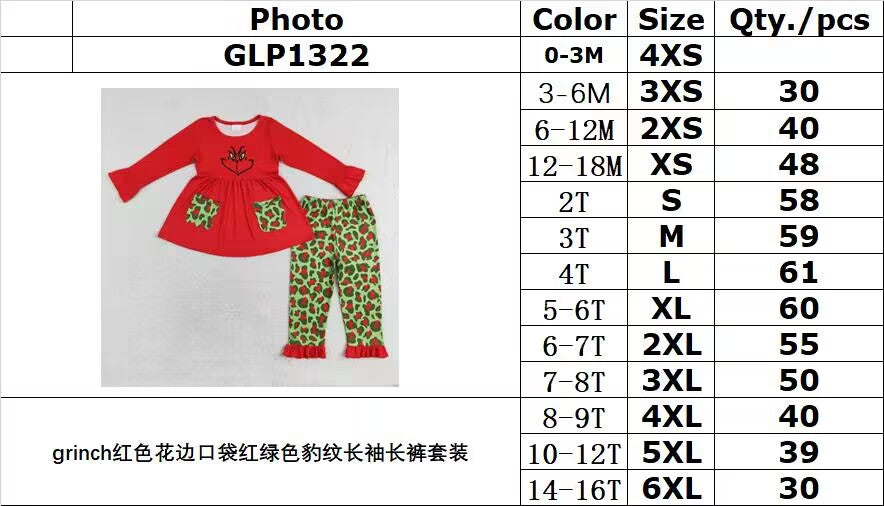 rts no moq GLP1322 girls red pocket red and green leopard print long-sleeved trousers set