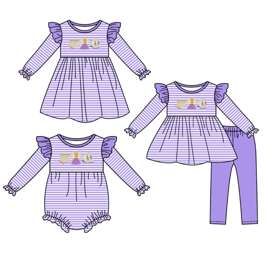 Custom moq 5 each style eta 6-7weeks baby girl clothes purple long sleeve pants sets and romper and dress -25.8.2