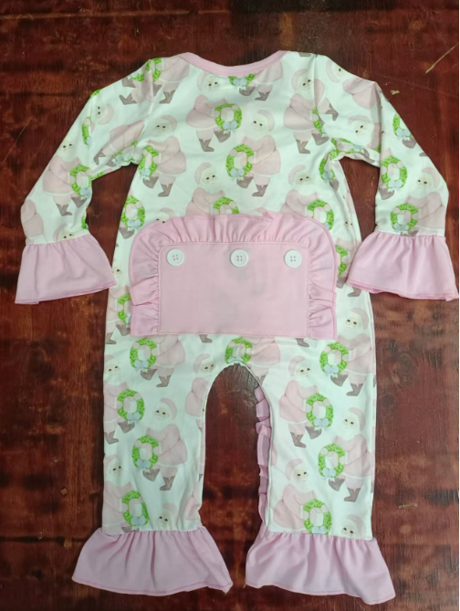 Custom moq 3 eta 6-7weeks Green Wreath Santa Pattern Pink Ruffled Cuffs Long Romper