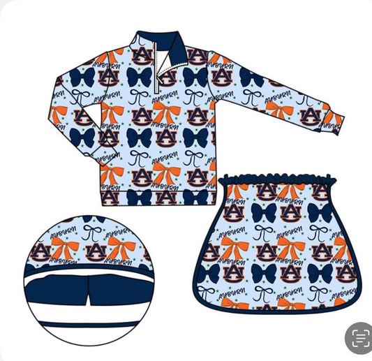 Custom moq 5 mix size milk silk summer teams baby girls clothes team bow blue long sleeve skirts sets-25.8.22