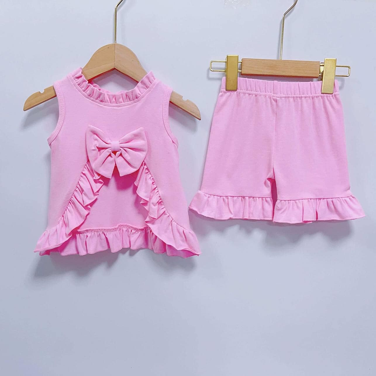 GSSO0518 Pink bow lace sleeveless shorts suit