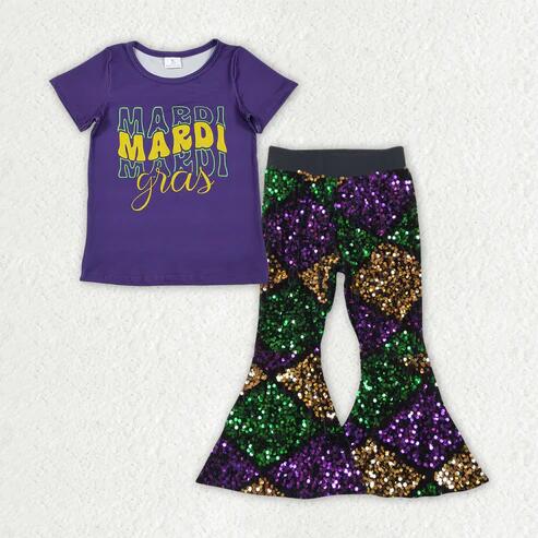 RTS NO MOQ Sibling Baby Girls Mardi Gras Outfit Top with Bell Bottom Pants Clothing Set for Infants