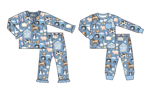 25.8.28 custom each style moq 5 eta 4-6week Sibling Sisters farm animal baby girl long sleeve pants sets 2
