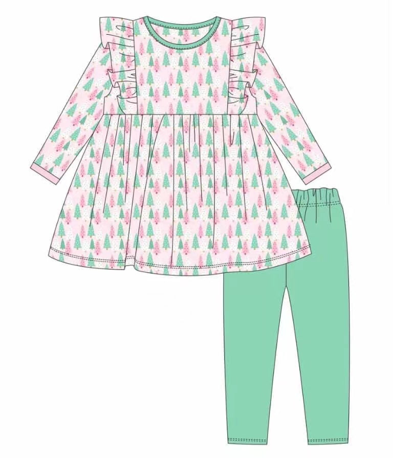 5.11custom each style moq 5eta 4-5week Sibling Sister green and pink Tree prints green girls set and dress match family design