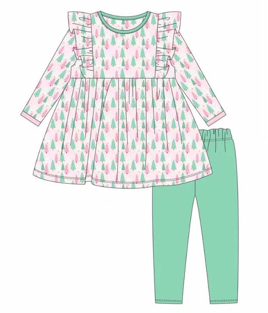 5.11custom each style moq 5eta 4-5week Sibling Sister green and pink Tree prints green girls set and dress match family design