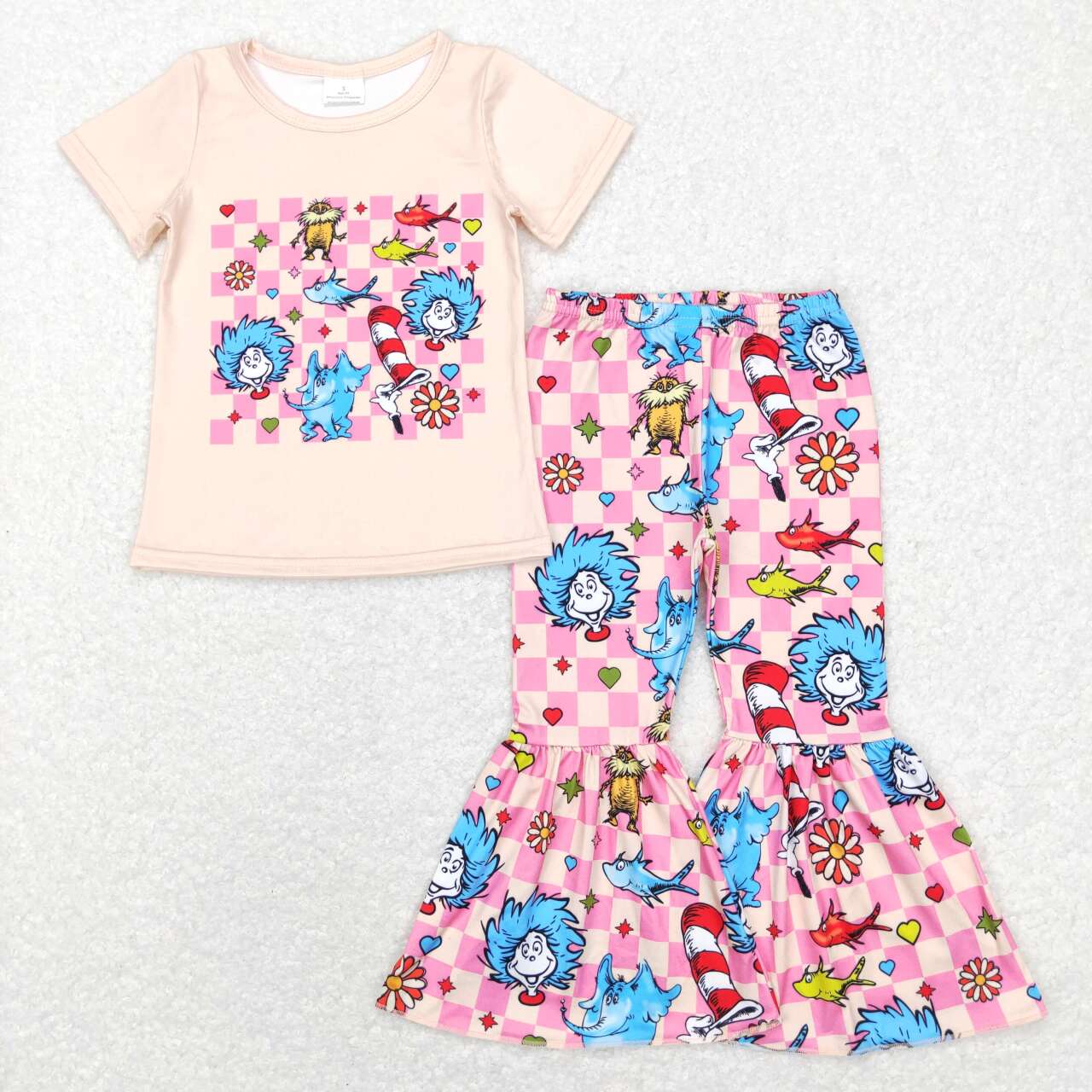 GSPO0923 dr seuss beige short sleeve pink plaid trousers suit
