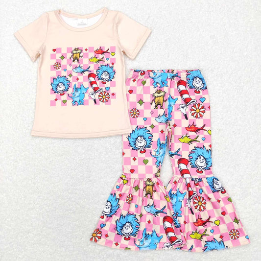 GSPO0923 dr seuss beige short sleeve pink plaid trousers suit