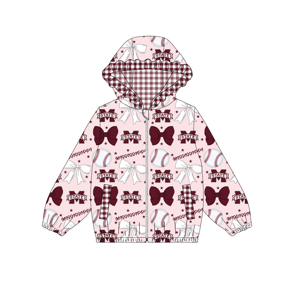 1001-Custom moq 8 mix size milk silk summer team baby girls clothes bow dark red hooded long sleeve top-25.10.9
