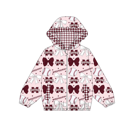 1001-Custom moq 8 mix size milk silk summer team baby girls clothes bow dark red hooded long sleeve top-25.10.9
