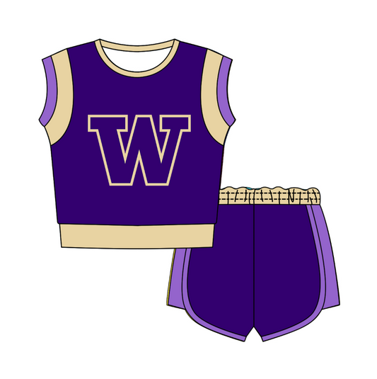 Custom moq 5 mix size milk silk summer teams Purple Sleeveless O-Neck Top And Shorts Set Cute And Comfortable Kids' Outfit