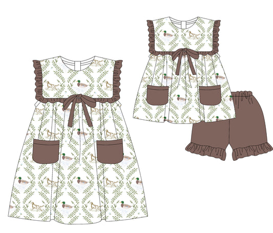 3.17 custom each style moq 5eta 4-6week Sibling Sister duck puppy baby girl short sleeve shorts sets and dresses match design