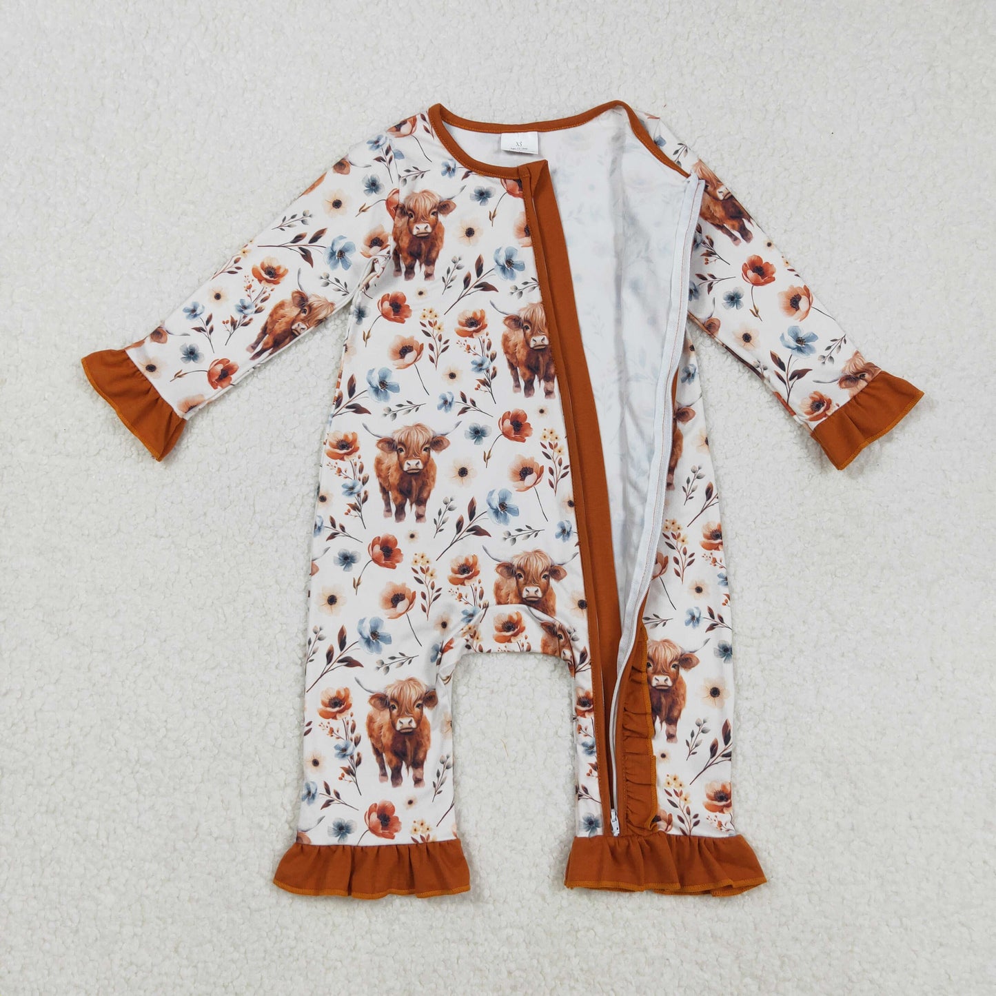 RTS NO MOQ（In Stock) LR1624 Beige zippered long-sleeved jumpsuit with alpine bull head flowers and brown lace