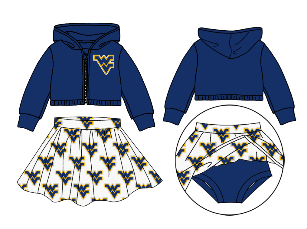 Custom moq 5 mix size milk silk summer teams baby girls clothes dark blue hooded long sleeve brief sets 2 and skirts sets and tops-25.9.2