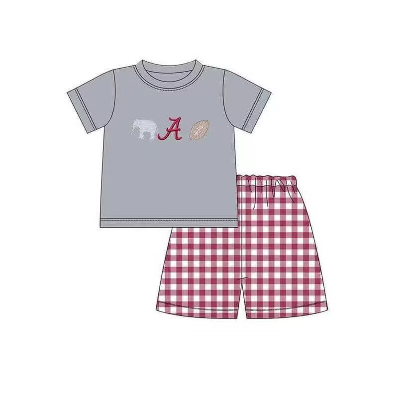 alabama Summer team boys gray top red grid shorts suit