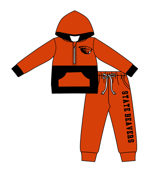 Custom moq 5 mix size eta 6-8weeks milk silk summer teams orange baby boy clothes hooded long sleeve pants sets-25.10.27