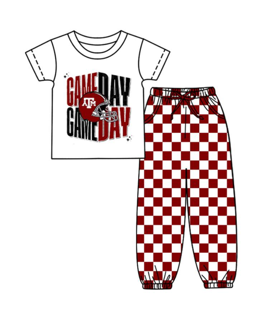 Custom summer teams baby boy clothes team GAME DAY brick red plaid short sleeve pants sets-25.8.22
