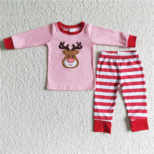 RTS NO MOQ（In Stock) 6 B4-24 Embroidered Christmas deer Long Sleeve Pants Set