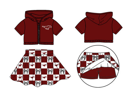Custom moq 3 or 5 mix size milk silk summer teams baby girl clothes bow dark red zipper hooded short sleeve shorts skirts sets