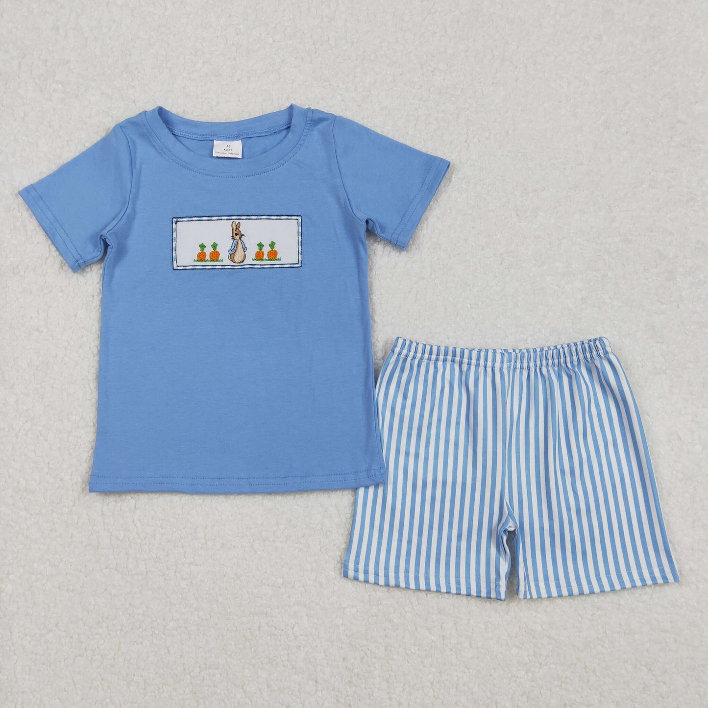 RTS NO MOQ ETA 5/7days Arrived BSSO1026 Embroidered carrot rabbit blue short-sleeved striped shorts set