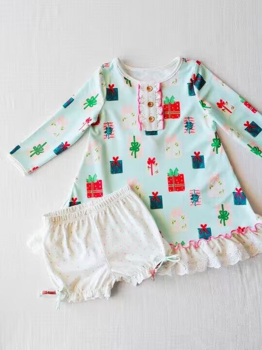 custom moq 5 eta 6-7weeks baby girls clothes Christmas gifts long-sleeved shorts set