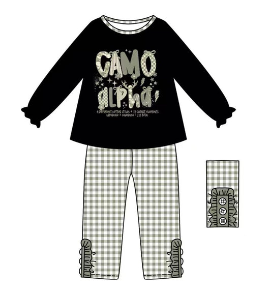 Custom moq 5 mix size eta 6-8weeks baby girl clothes CAMO black long sleeve pants set -25.9.11