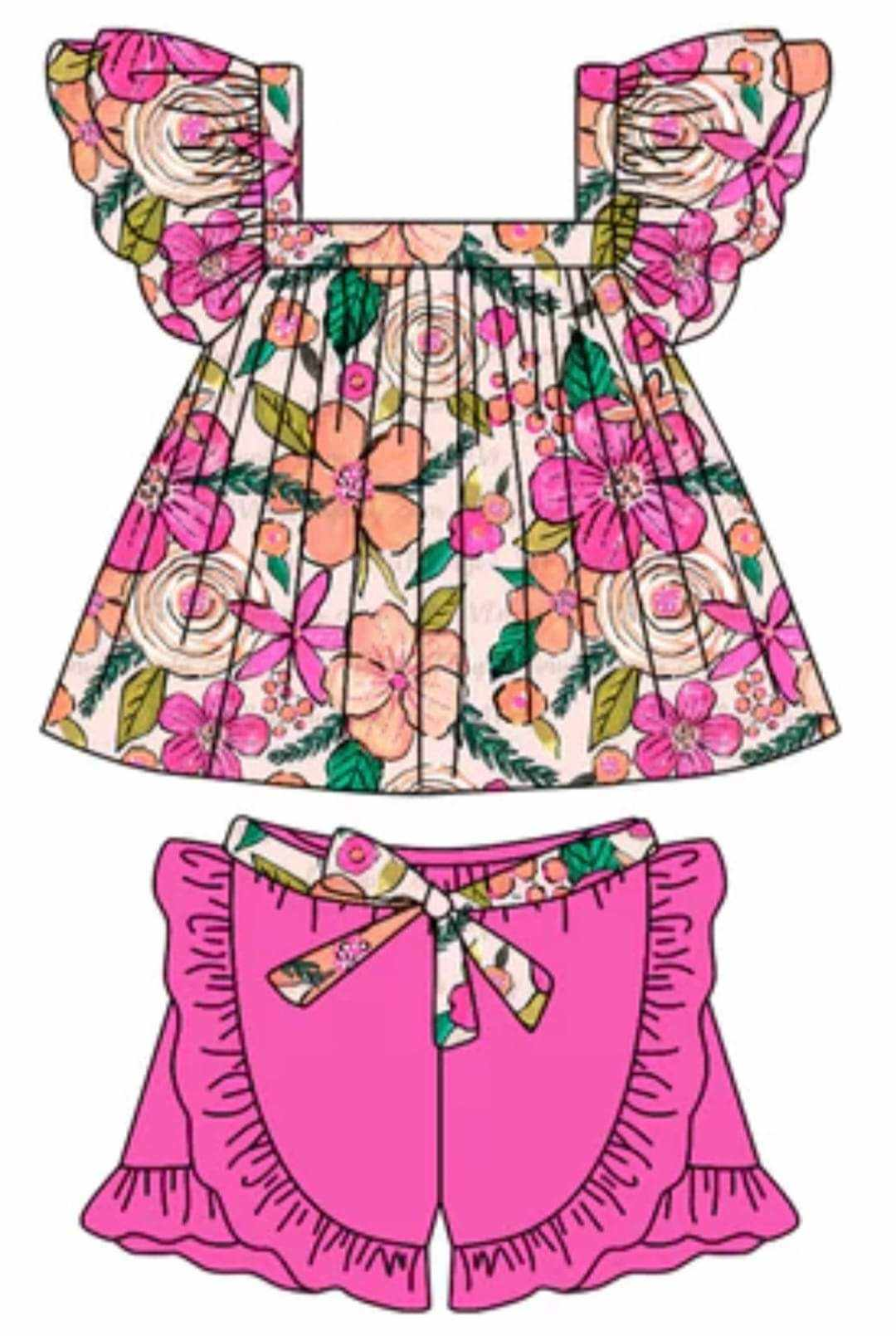 Floral pink short-sleeved shorts suit