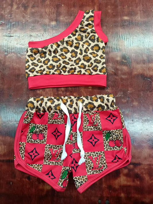 Custom moq 3 eta 6-7weeks baby girls clothes leopard sleeveless shorts sets