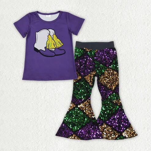RTS NO MOQ Sibling Baby Girls Mardi Gras Outfit Top with Bell Bottom Pants Clothing Set for Infants