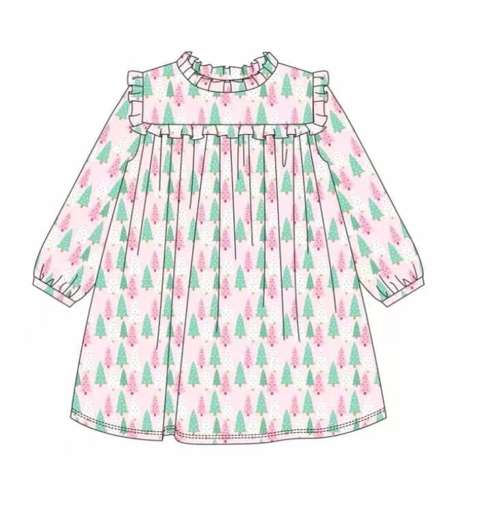 5.11custom each style moq 5eta 4-5week Sibling Sister green and pink Tree prints green girls set and dress match family design