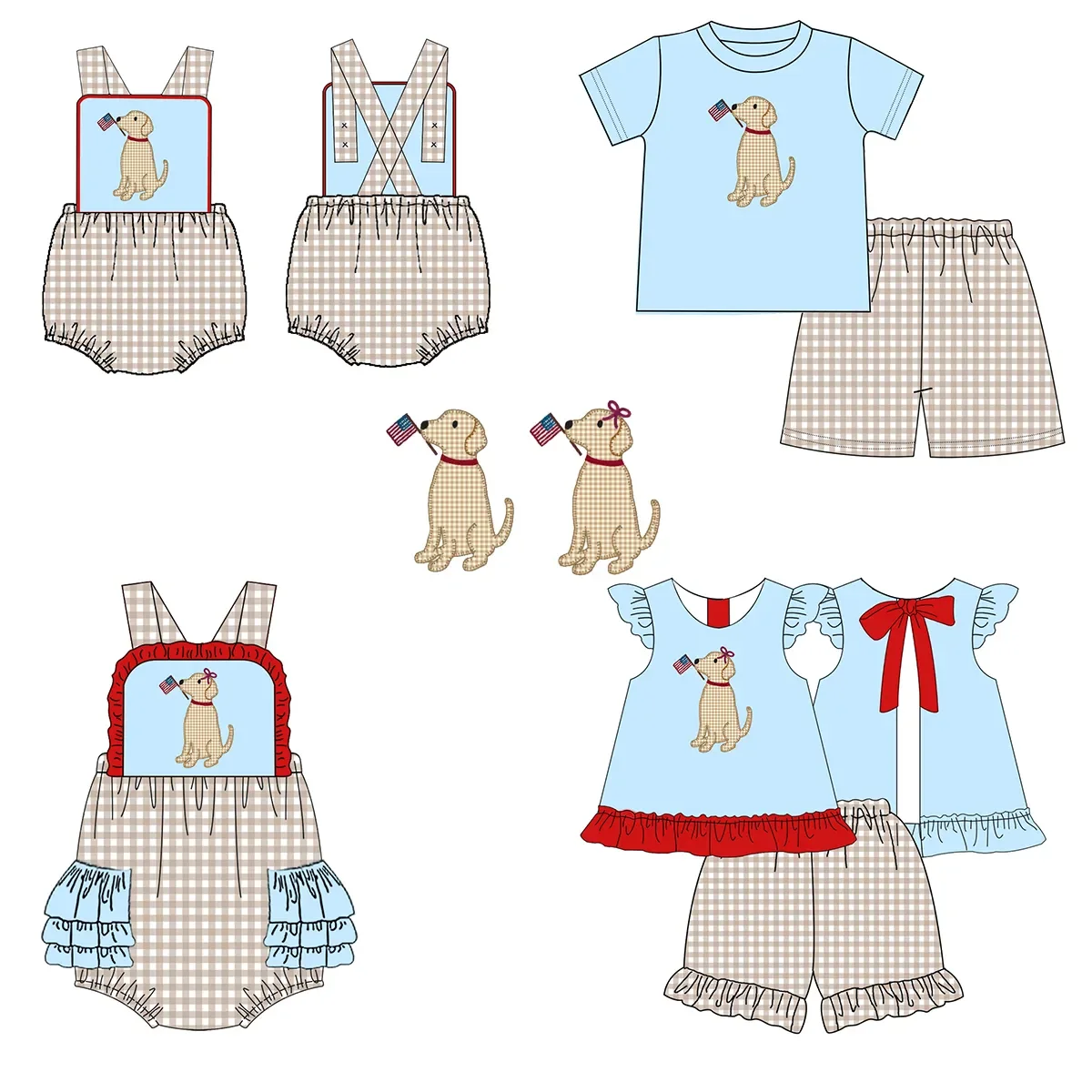 5.17custom each style moq 5eta 4-5week Sibling Sister patriotic puppy print blue girls and boys outfits and baby romper match family design