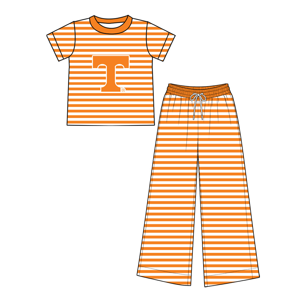 custom moq 5 mix size milk silk VAHG0103 Baby Kids Team Stripe Short Sleeve T‑Shirt And Drawstring Wide Leg Pants Outfit Set