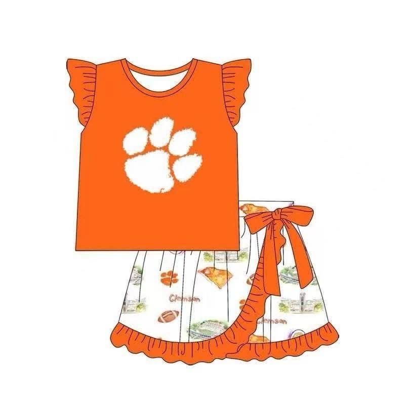 Custom summer team clothes baby girl clothes team orange flying sleeve shorts sets