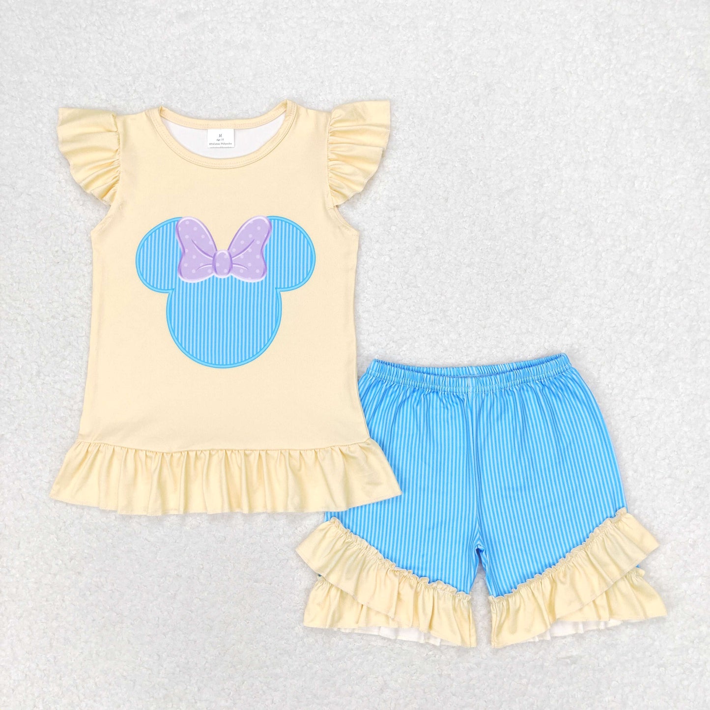 Cute Clothes GSSO1159 Baby Girls Yellow Flutter Sleeve Shirt Top Stripes Shorts Clothes Sets