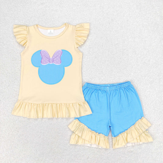 Cute Clothes GSSO1159 Baby Girls Yellow Flutter Sleeve Shirt Top Stripes Shorts Clothes Sets
