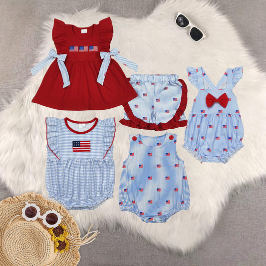 RTS 4th of july embroidery flag Short Sleeve Shorts Set romper