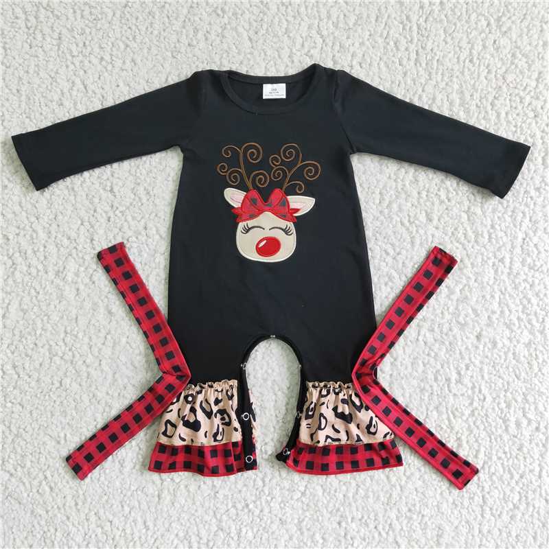 RTS NO MOQ（In Stock ) 6 B11-9 Embroidered Christmas deer long-sleeved jumpsuit