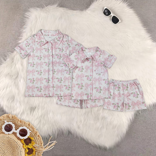 RTS NO MOQ Adult Girls bow floral Short Sleeve Shorts Pajama Set & kids shorts sets