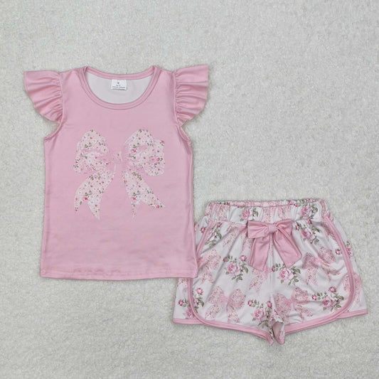 RTS NO MOQ ETA 5/7days Arrived GSSO1702 Floral flower and leaf bow pink flying sleeve shorts set