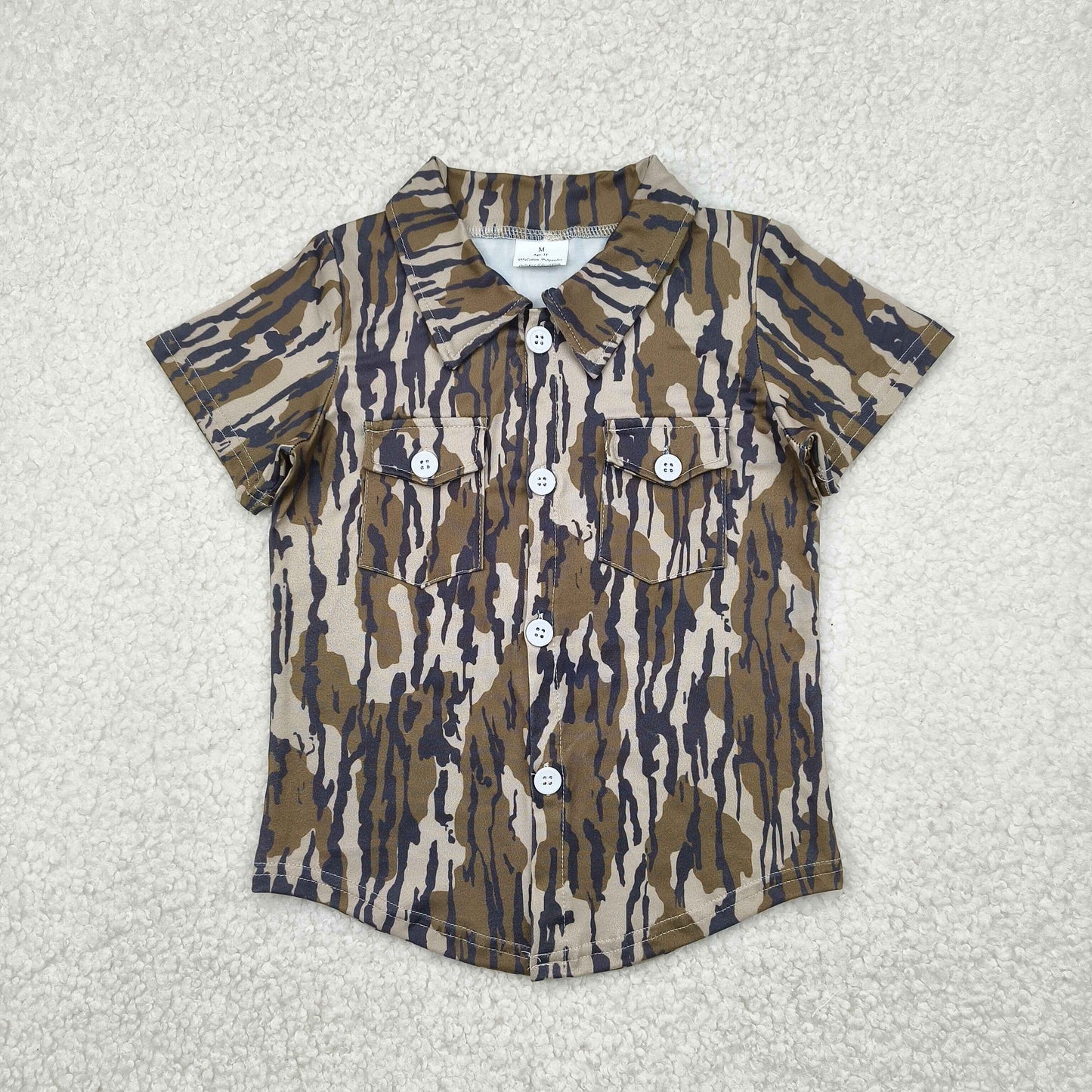 RTS NO MOQ BT1201 Army Green Camouflage Pocket Button Short Sleeve Top