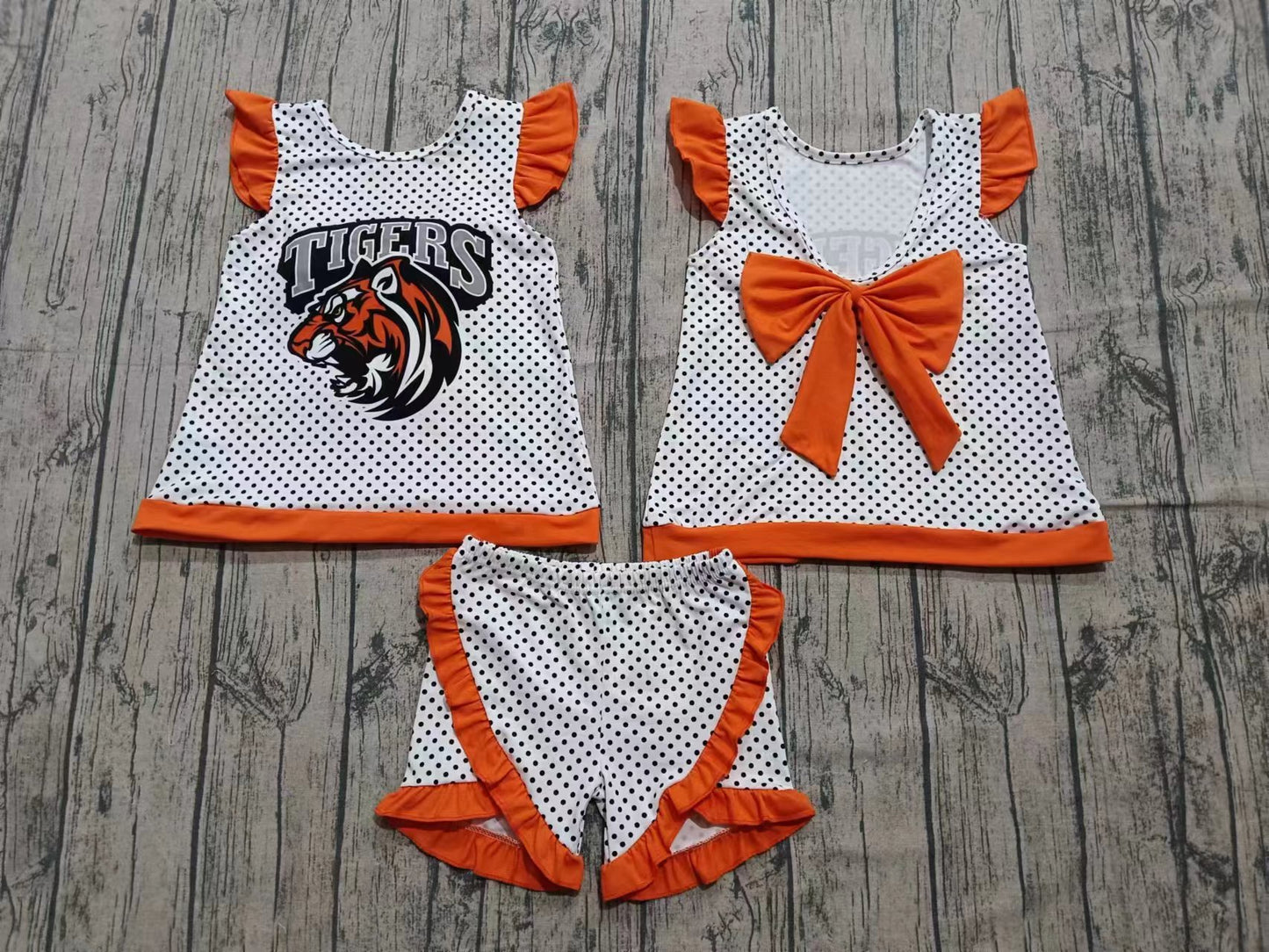 Custom moq 3 eta 6-7weeks baby girls clothes team orange flying sleeve shorts sets-25.8.26