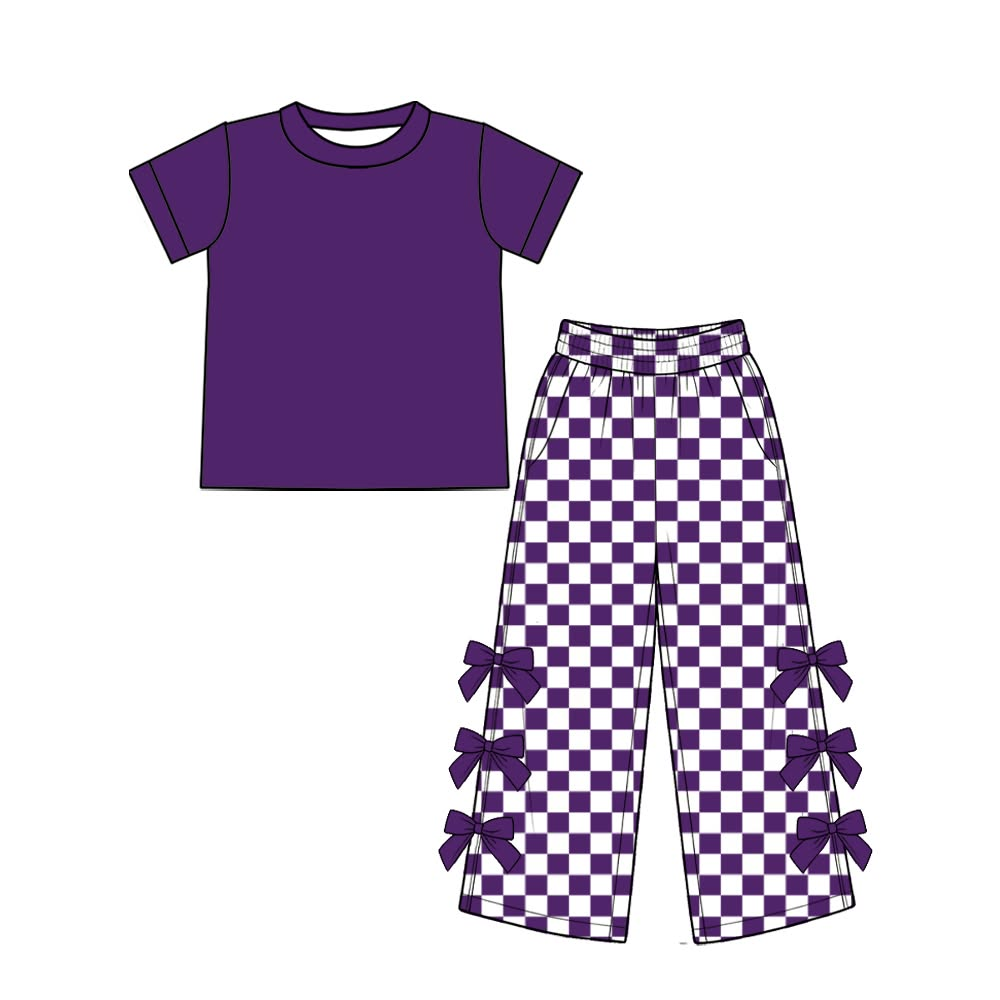 custom moq 5 mix size TYGI0101 Baby Kids Purple Solid Short Sleeve Tee And Checkerboard Jogger Pants Set