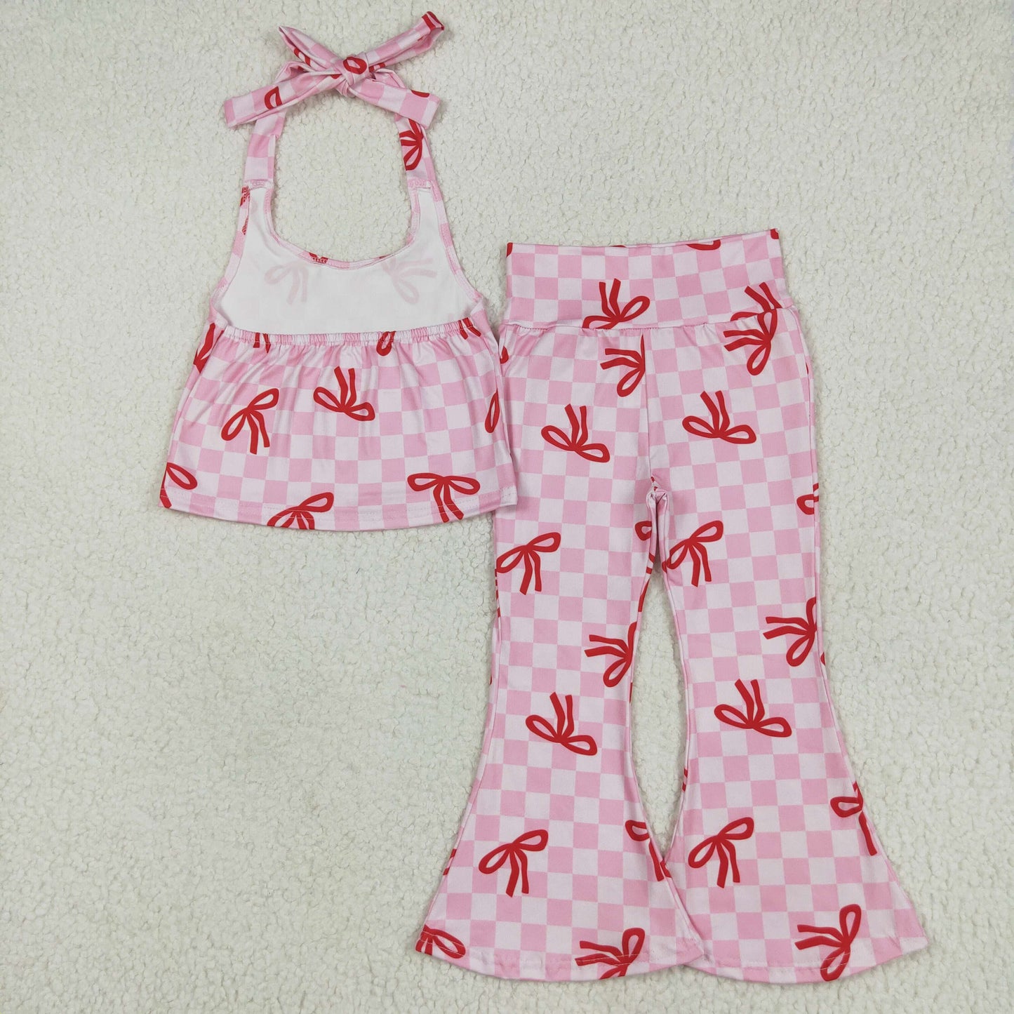 RTS NO MOQ GSPO2030 Red bow pattern pink and white plaid suspender trousers suit