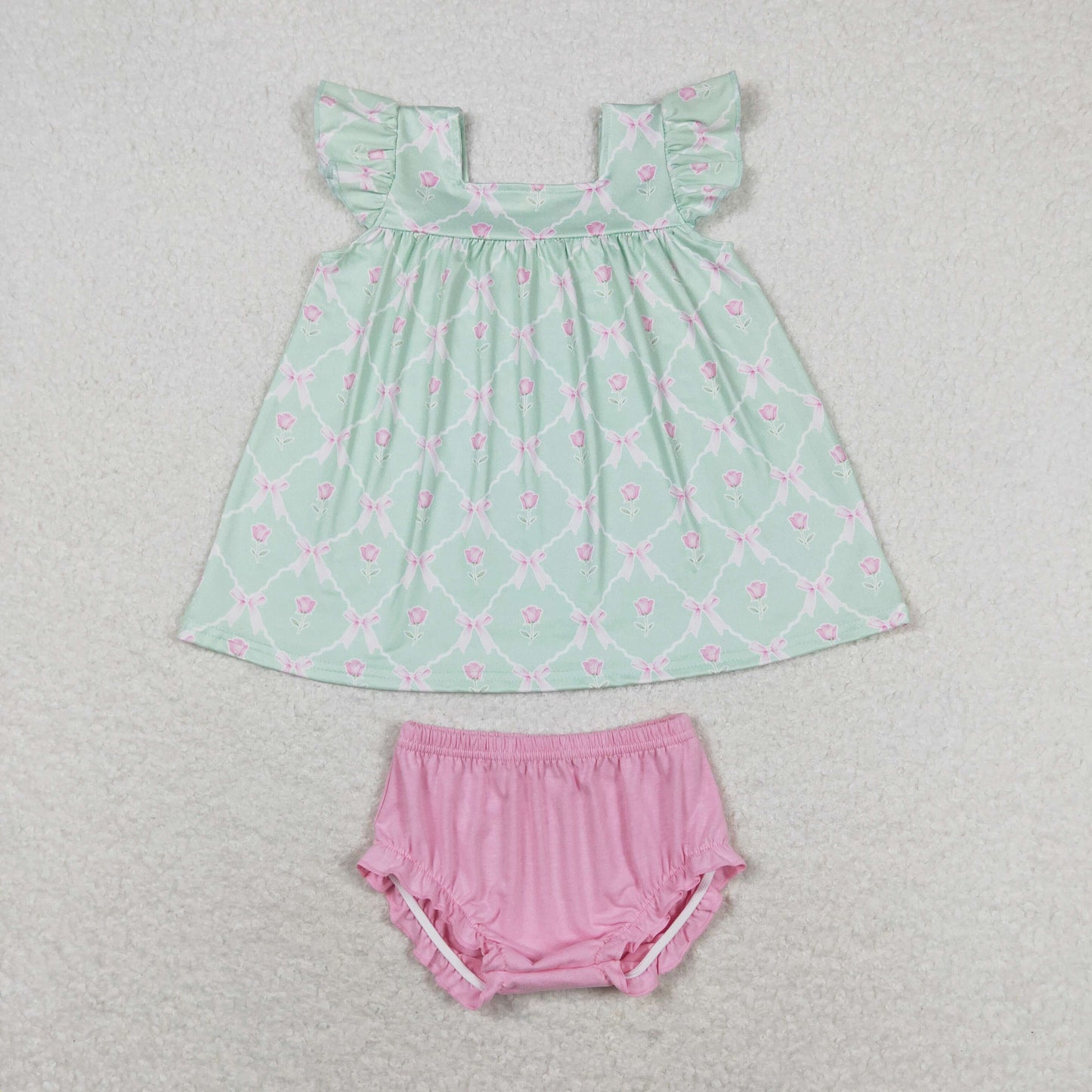 RTS no moq GBO0353 Flower bow green flying sleeves pink briefs suit
