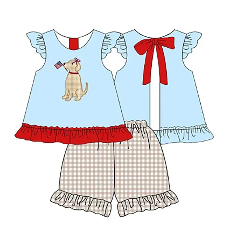 5.17custom each style moq 5eta 4-5week Sibling Sister patriotic puppy print blue girls and boys outfits and baby romper match family design